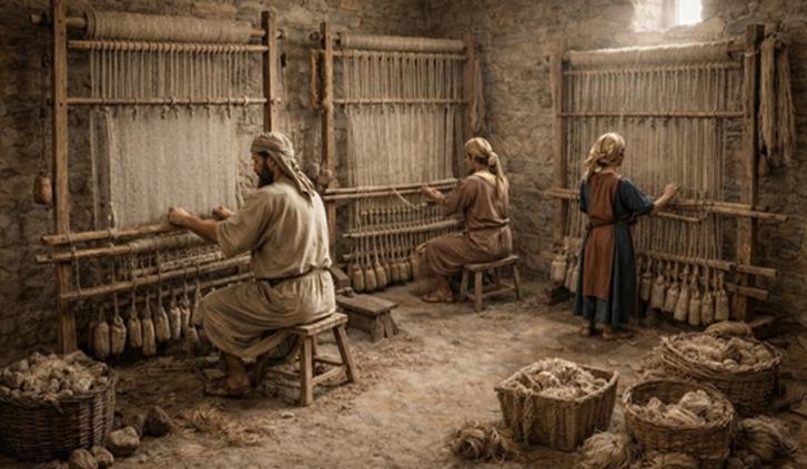 Illustration of a workshop with a multi-harness loom and workers spinning and weaving linen