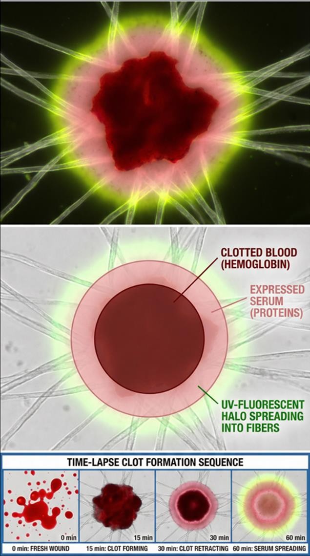 Diagram of a clotted blood stain with a ring of expressed serum and a fluorescent halo spreading into the fibres, with a time-lapse sequence of clot formation