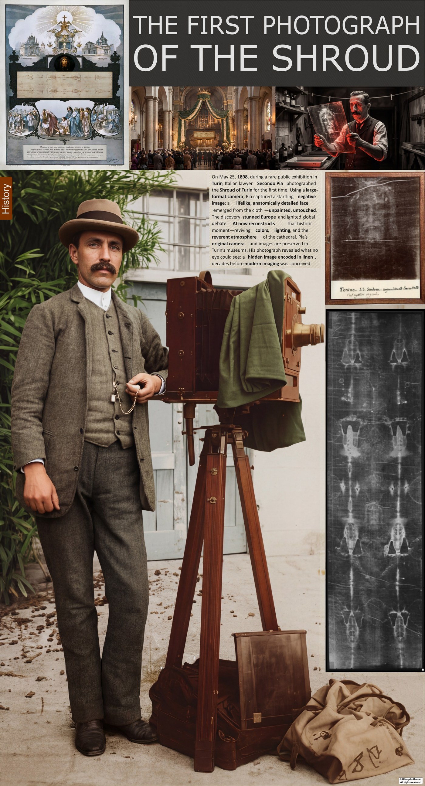 Infographic panel: The night the Shroud spoke. Shows the 1898 photograph of the Shroud, its negative image, and the 1931 confirmation by Giuseppe Enrie.