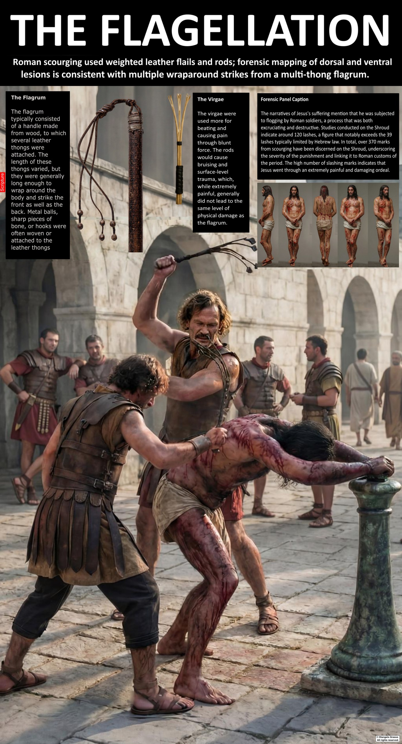 Infographic panel: The flagellation. Shows a Roman scourging scene, the flagrum with weighted thongs, and the pattern of marks on the back of the figure.