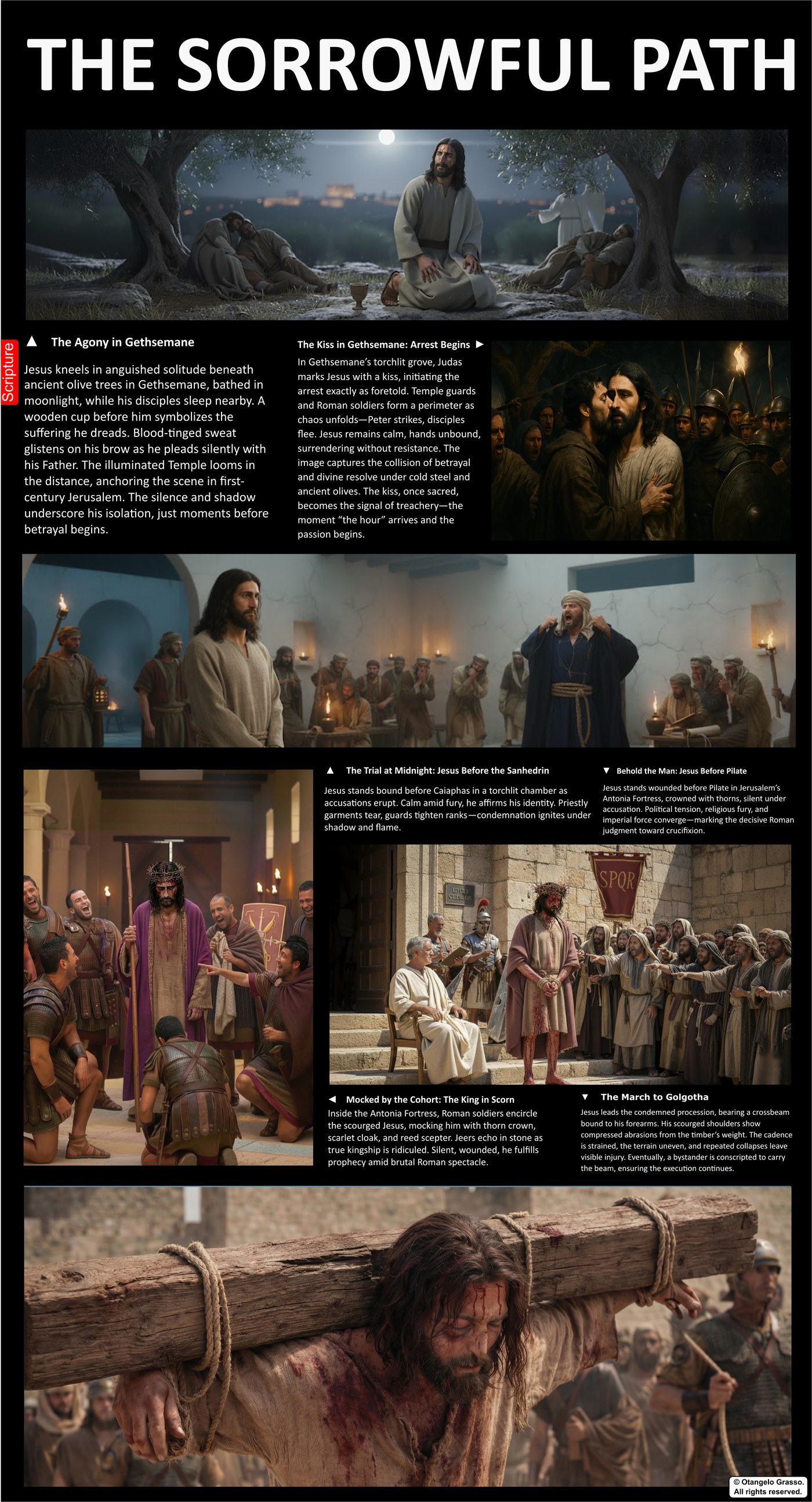Infographic panel: The sorrowful path. Shows the garden of Gethsemane, the trial, and the carrying of the beam through the streets.