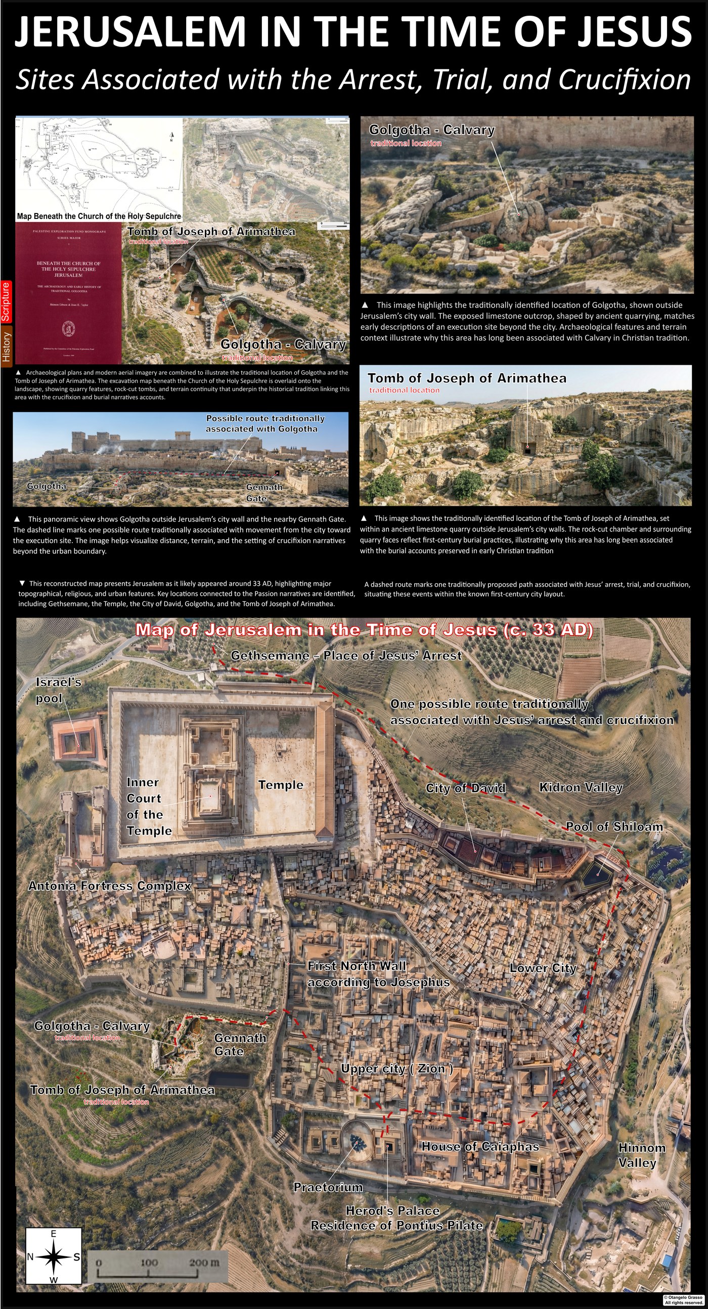 Infographic panel: Jerusalem in the time of Jesus. Shows the sites associated with the arrest, trial and crucifixion, the tomb of Joseph of Arimathea, and a map of Jerusalem around AD 33.