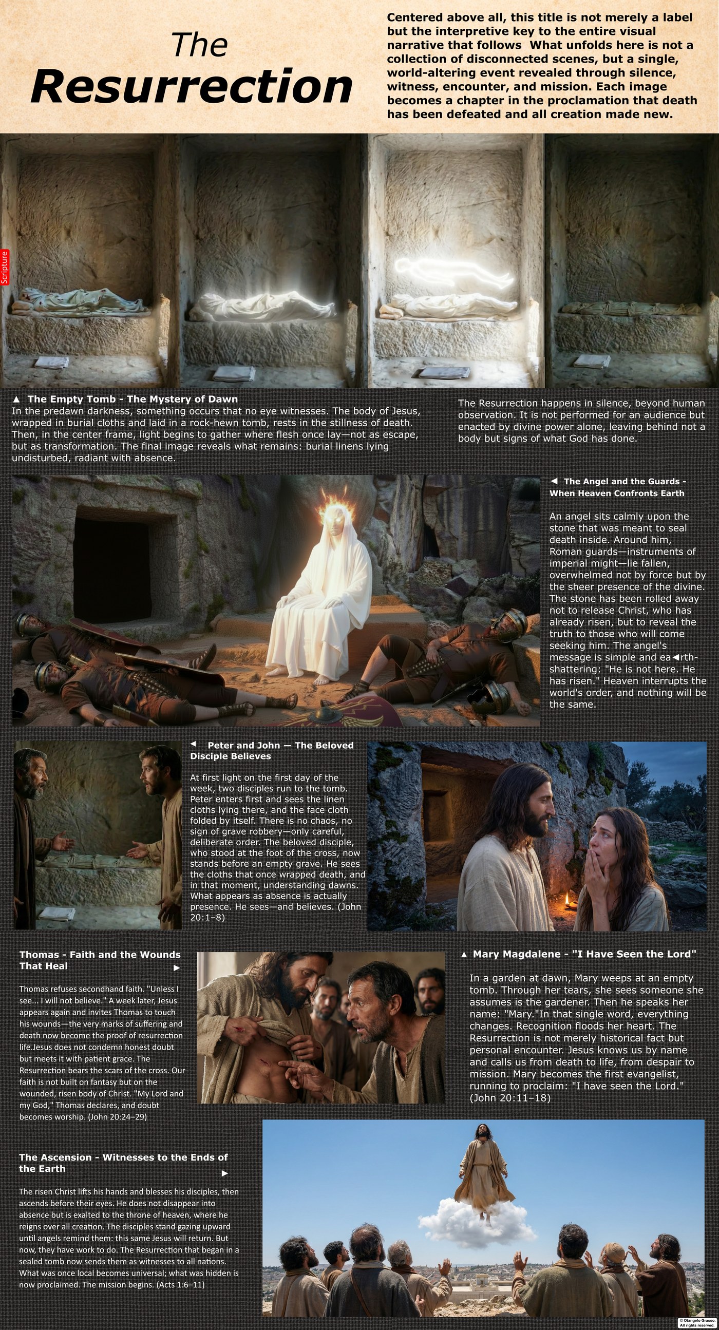 Infographic panel: The resurrection. Shows the empty tomb, the linen cloths, and the Gospel scenes of the first day of the week.