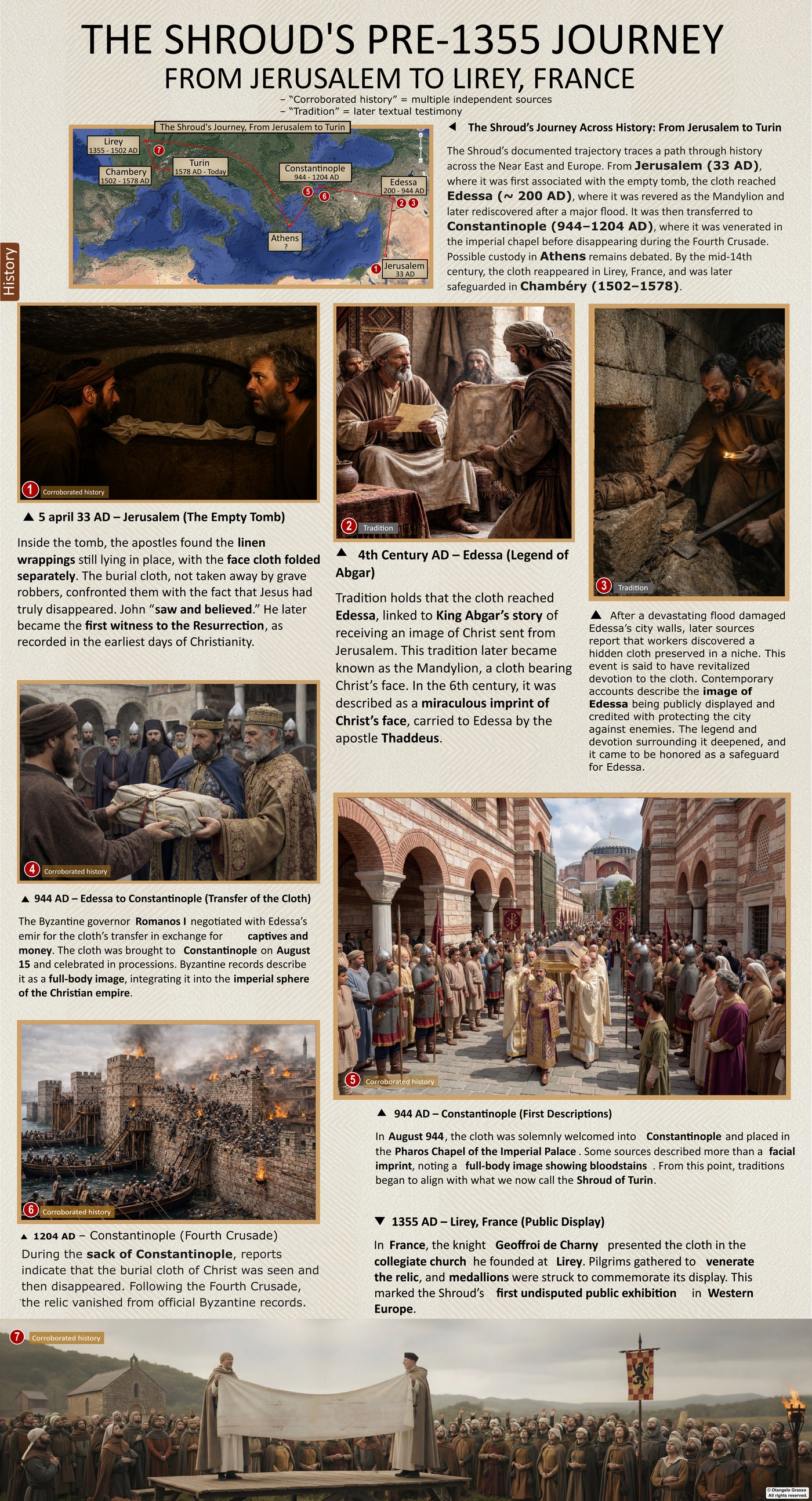Infographic panel: The Shroud's journey from Jerusalem to Lirey, France. Shows a timeline from Jerusalem to Edessa, Constantinople, and Lirey, with dates.